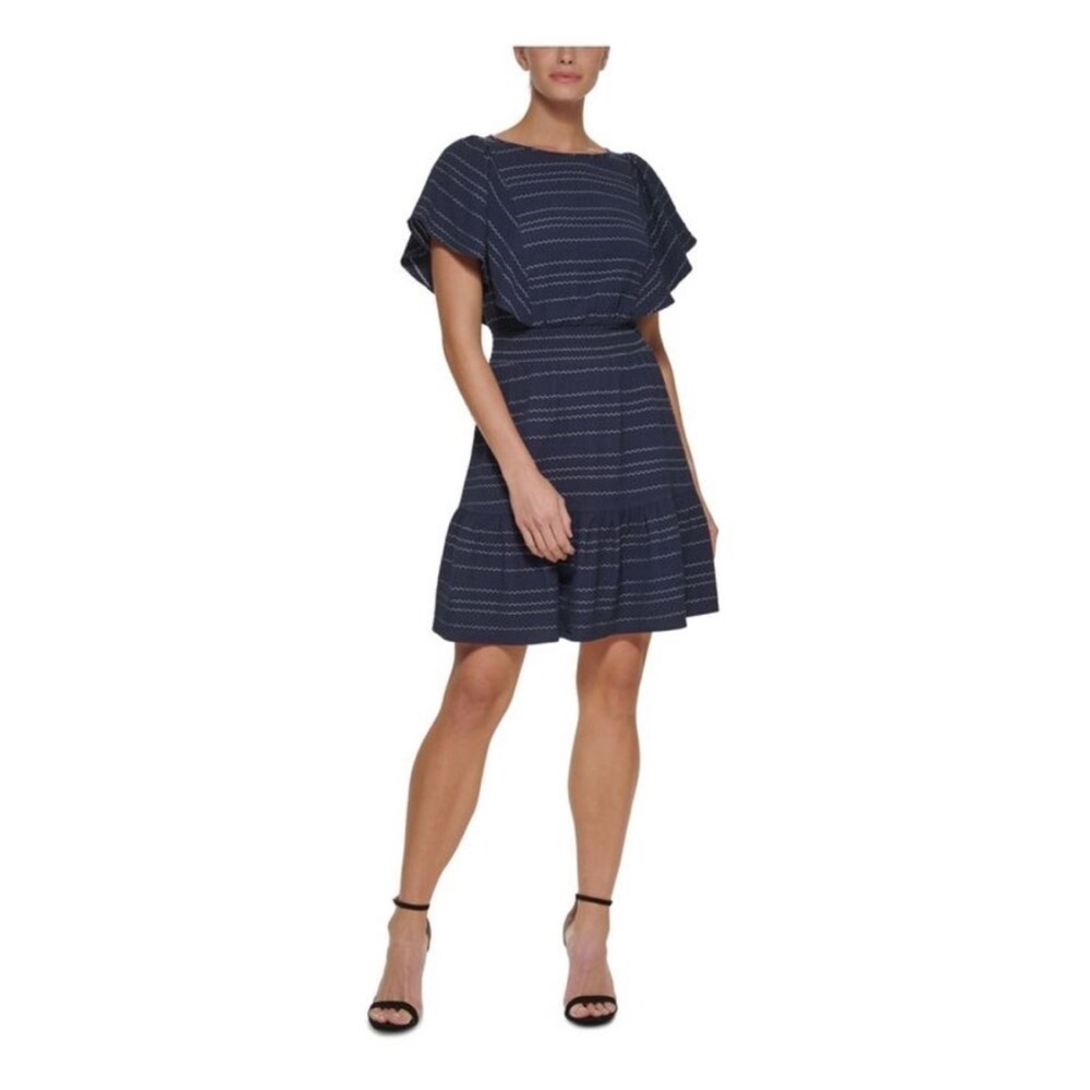 DKNY | Smocked Fit and Flare Dress | Navy Blue &‎ White | Size 10